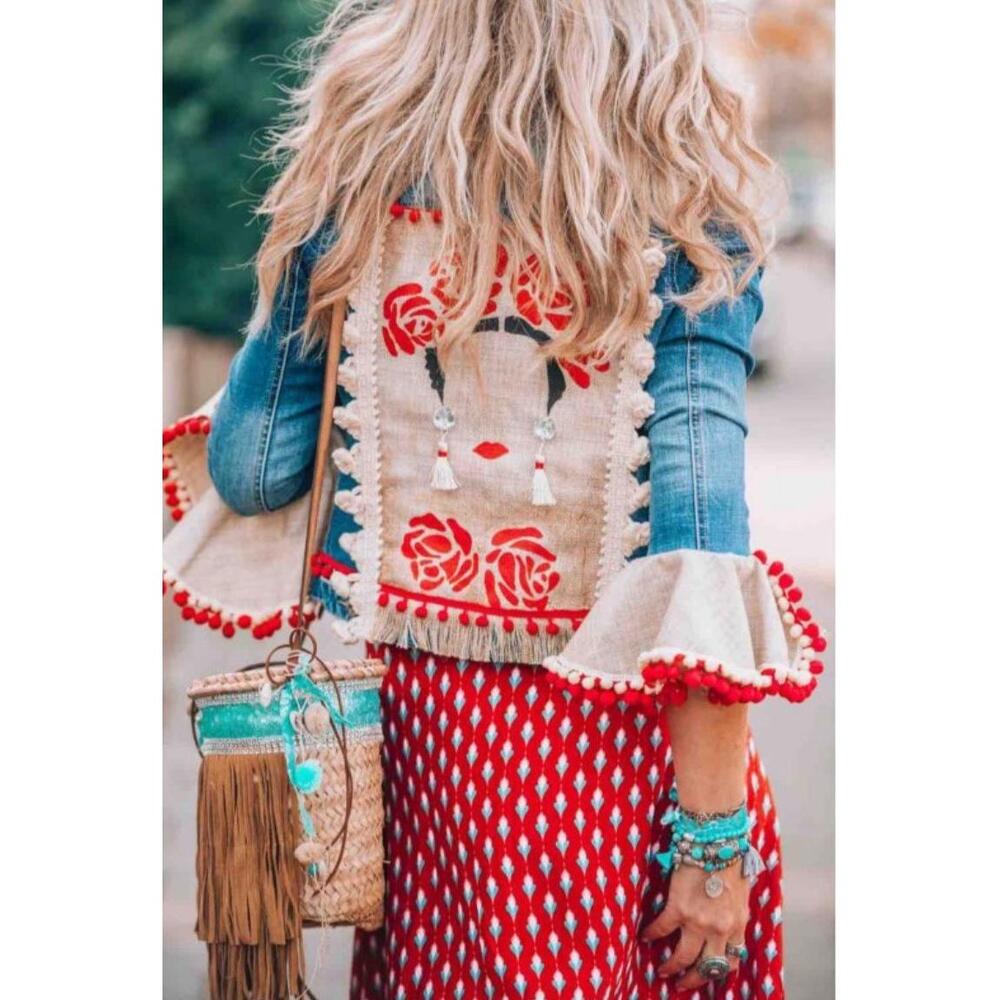 Lola Guarch Denim Jean Jacket Size M Mexican Applique Frida Kahlo Bohemian Artsy - Picture 2 of 7